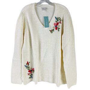 Coldwater Creek Floral Embroidered Knit Sweater Size XL Cottagecore Grandmacore